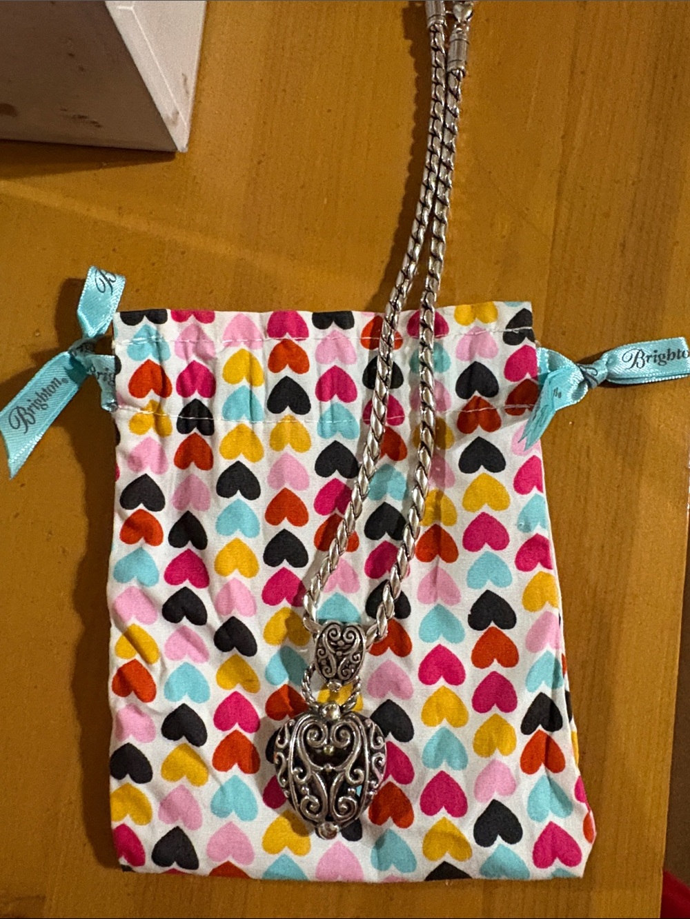 Brighton Silver Heart Pendant Necklace with Multicolor Drawstring Pouch